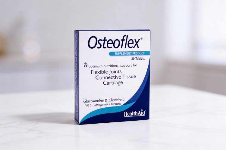 تصویر جعبه قرص استئوفلکس روی سطح مرمری سفید برای سلامت مفاصل